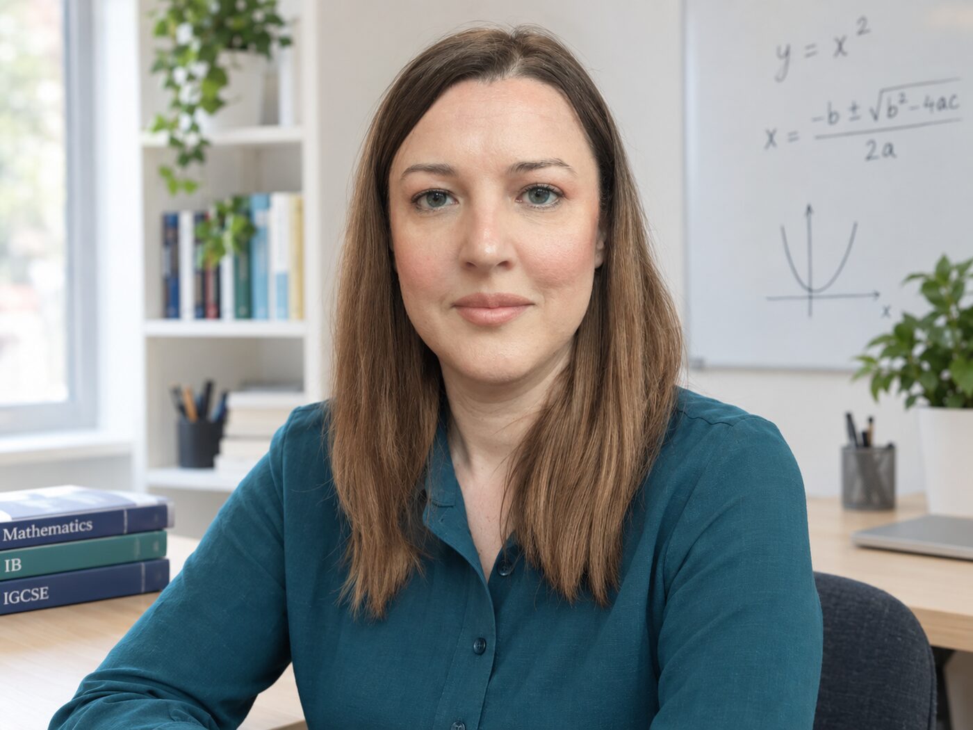 Kateryna Logoshko, mathematics tutor in Berlin, at her desk with IGCSE and IB textbooks